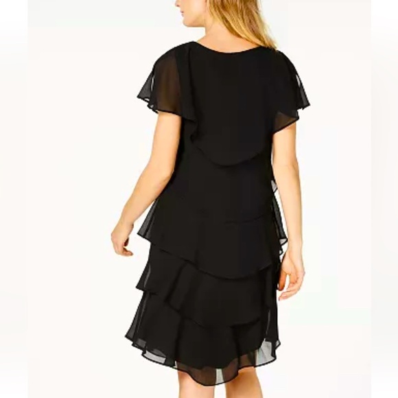 Women’s Formal Dress SLNY Black Tier Short Sheer Caped overlay Flow Gown - Picture 2 of 6